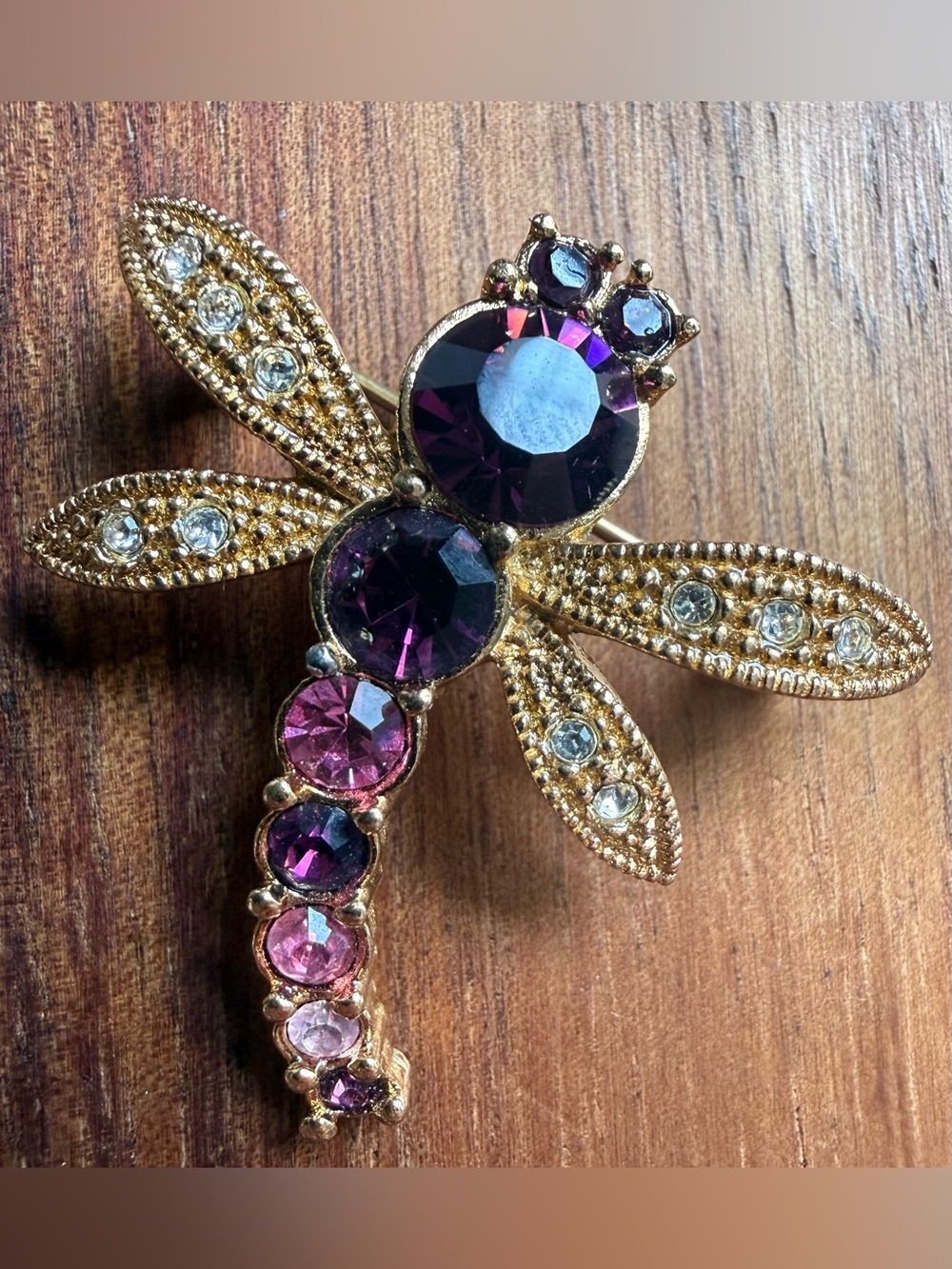 VTG Avon Gold-Tone Dragonfly Brooch with Purple and Pink Rhinestone Pin